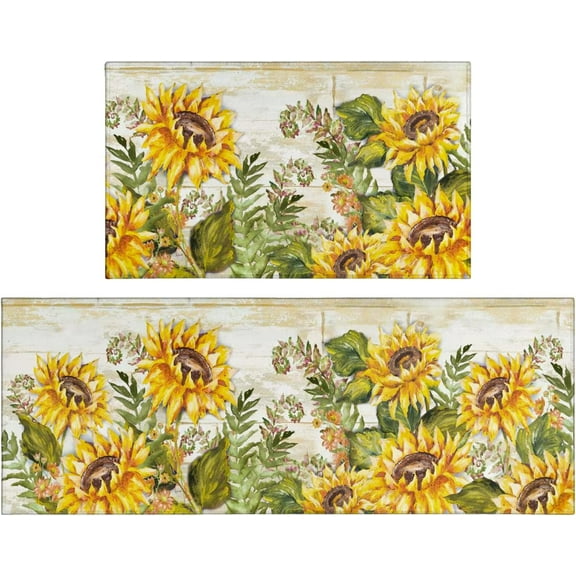 Sunflower Farmhouse Kitchen Rugs Set 2 Piece Colorful Fall Flowers Decorative Rug for Kitchen Low-Profile Floor Mats Decorations for Home Kitchen (17"x48" 17"x30")