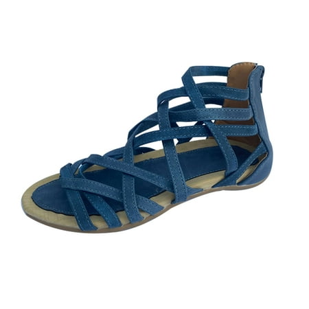 

Round Toe Hollow-Out Breathable Flat Sandals Casual Open Toe Cross Strap Wedges Sandals Walking Shoes For Women Leisure Women s Summer 36 Light Blue