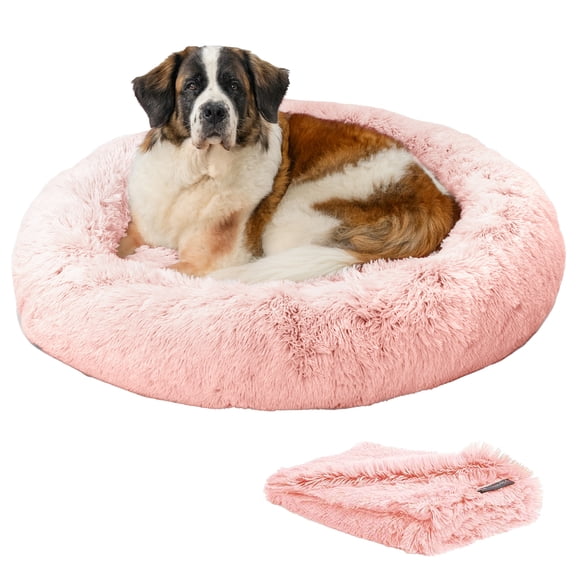 Open Box Best Friends by Sheri Bundle Set The Original Calming Shag Donut Cuddler Cat and Dog Bed + Pet Throw Blanket, Cotton Candy Pink, Extra Large, 45x45