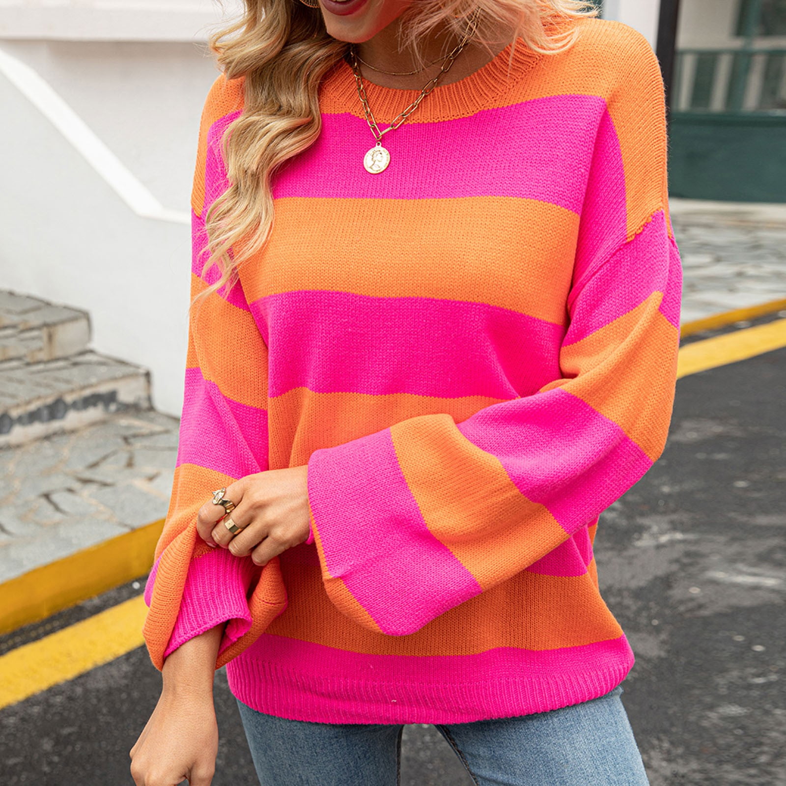 Sweaters for Women Color Block Stripe Knit Sweater Lightweight Pullover Top  Fall Fashion 2023 Orange - Walmart.com
