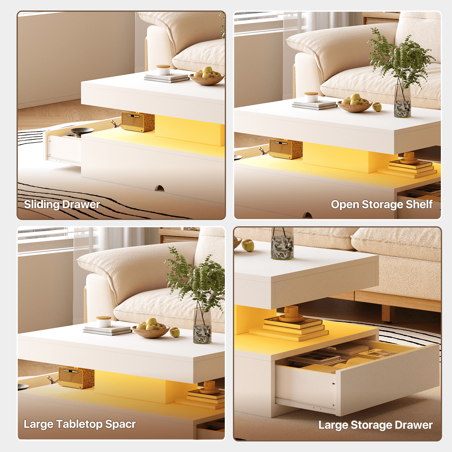 Sonegra 39" High-Glossy LED Coffee Table, Storage Coffee Table with 2 Sliding Drawers for Living Room, Modern Stylish Double-Layer Center Tables with LED Lights, White