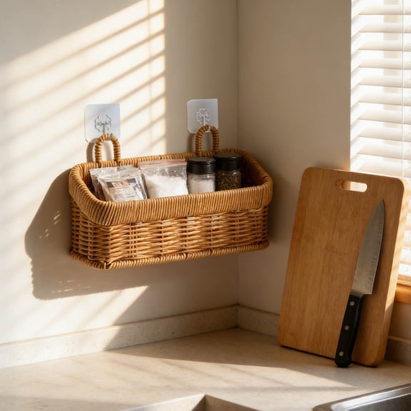 YaoZQ Small Wall Hanging Basket, Home Organization Series, Rustic Farmhouse Style, Brown Imitation Rattan Woven Holder, 8 in