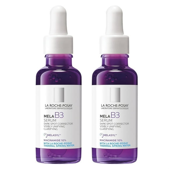 Two bottles of La Roche-Posay Mela B3 Brightening Serum, containing anti-aging Melasyl and 10% niacinamide, effectively fades dark spots, age spots, and acne scars. (30ml)