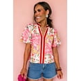 thumbnail image 5 of Women's Pink Floral V Neck Blouse – Southern Belle Contrast Trim Short Sleeve Summer Top, XL, 5 of 12
