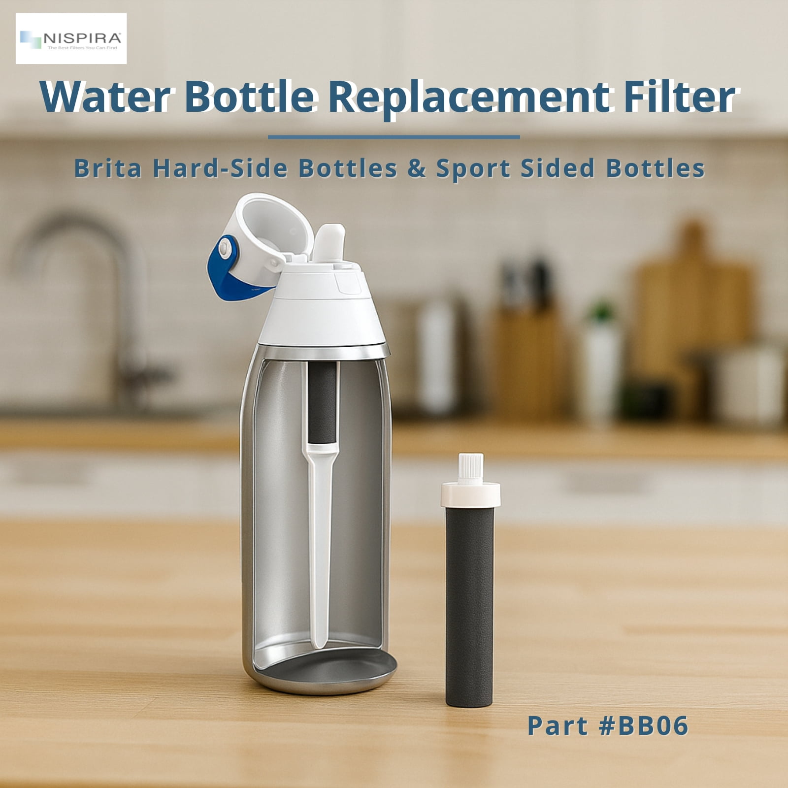 Nispira Activated Carbon Water Bottle Filter Replacement Compatible with Brita BB06 Hard Sided Stainless Steel and Plastic Bottle, 6 Packs