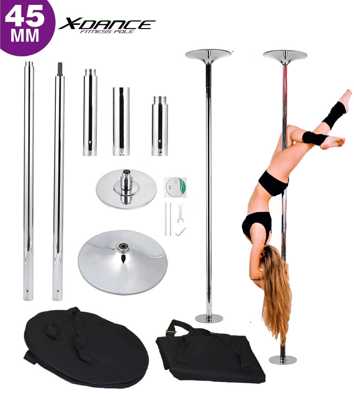 PRIOR FITNESS 45mm Removable Dance Pole Set Spinning Pole Dance Portable Static Fitness Dancing Pole Kit for Exercise Club Party Pub Home Silver-Flying Pole 