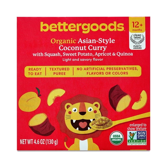 bettergoods Organic Stage 4 Baby Food Asian-Style Coconut Curry with Squash, Sweet Potato, Apricot, and Quinoa, 4.6 oz Tub