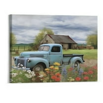 Shiartex Rustic Blue Truck Wall Art Farmhouse Old Truck Barn Pictures Wall Decor Vintage Country Landscape Canvas Print Painting Framed Modern Home Artwork Decorations For Bedroom Office 20x16 Inch