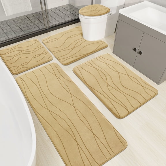 ChakmeOne Bathroom Rugs Sets 5 Piece, Beige Bathroom Rug Soft Absorbent Microfiber Bath Mats and U-Shaped Contour Toilet Rug, Non-Slip Machine Wash Dry for Floor Tub and Shower