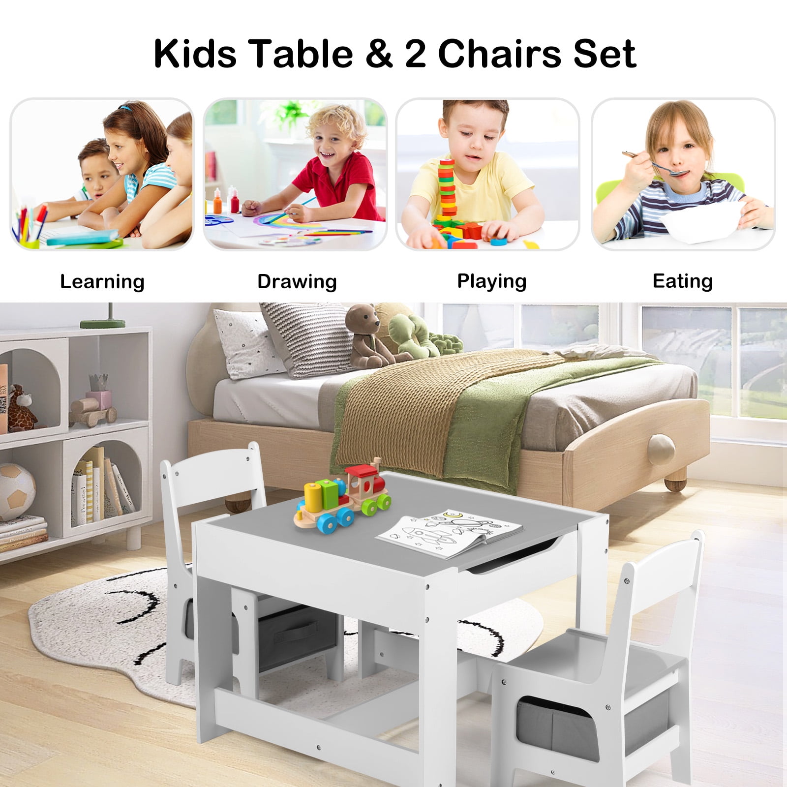 LINLUX Kids Table and 2 Chairs Set, Children Activity Table Chairs with Chalkboard/Whiteboard, Grey
