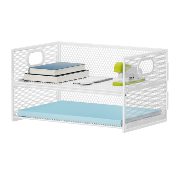 Organizador de Papel Marbrasse de 2 Niveles con Malla y Asa - Blanco