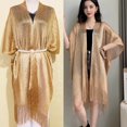 thumbnail image 2 of Chal de seda dividido para mujer, vestido de cena fino, borla decorativa, bufanda hueca protectora solar, 2 of 6