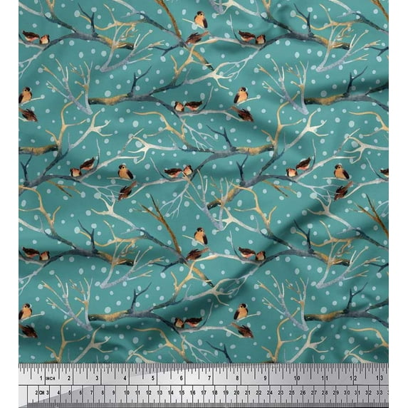 Soimoi Blue Cotton Duck Fabric Branch,Dot & American Robin Bird Printed Fabric 1 Yard 42 Inch Wide