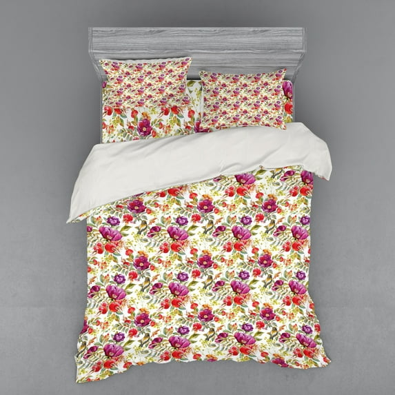 Floral Duvet Cover Set, Hot Pink Purple Colored Flowers with Leaves Watercolored Image with Buds Artwork, Bedding Set with Shams and Fitted Sheet, 3 Sizes, by Ambesonne