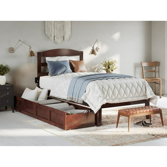 AFI Warren Platform Bed with 2 Storage Drawers Walnut Twin