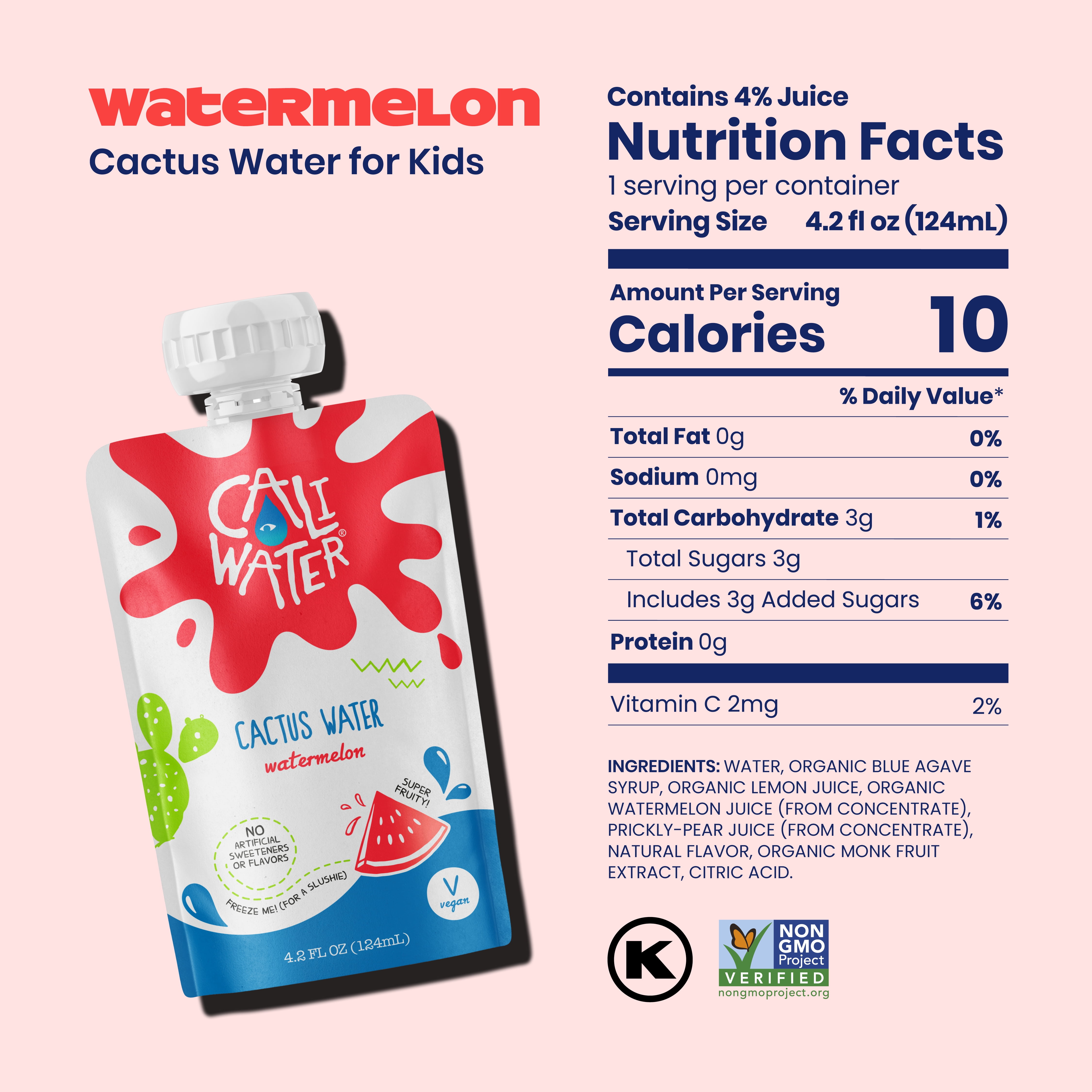 Caliwater Kids Pouch Organic Cactus Water Watermelon 24-Pack 4.2oz/pouch Plant-Based Hydration