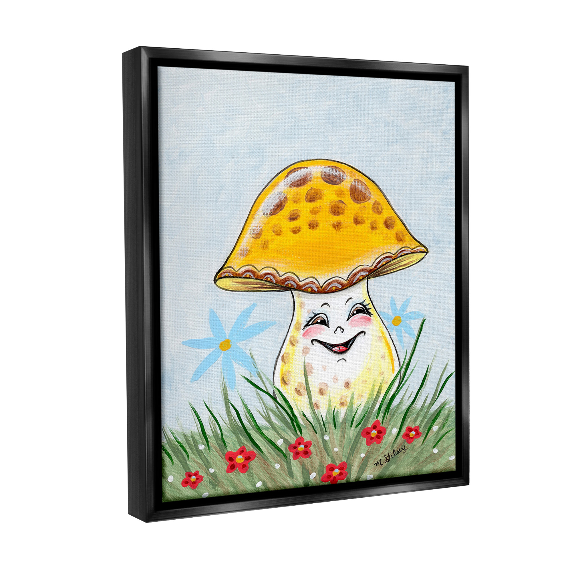 Stupell Industries Smiling Yellow Mushroom Botanical & Floral Painting Black Floater Framed Canvas Art Print Wall Art, 25 x 31