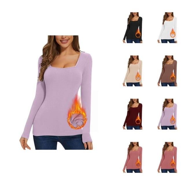 Long Sleeve Shirts for Women 2026 Fall Winter Basic Square Neck Slim Fit Breathable Undershirt T Shirts