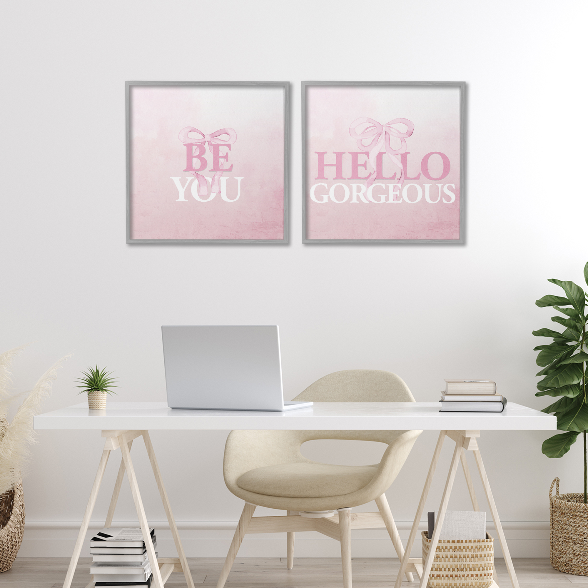 Pink Feminine Empowerments 2 Piece Gray Framed Giclee Art Set, design by Kim Allen