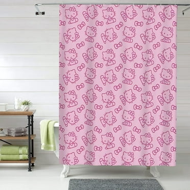 Hello Kitty Shower Curtain, 60 x 72 inch Waterproof Fabric Shower Curtains for Bathroom, Cute Farmhouse Bath Decor Washable Bath Curtain with 12 Hooks