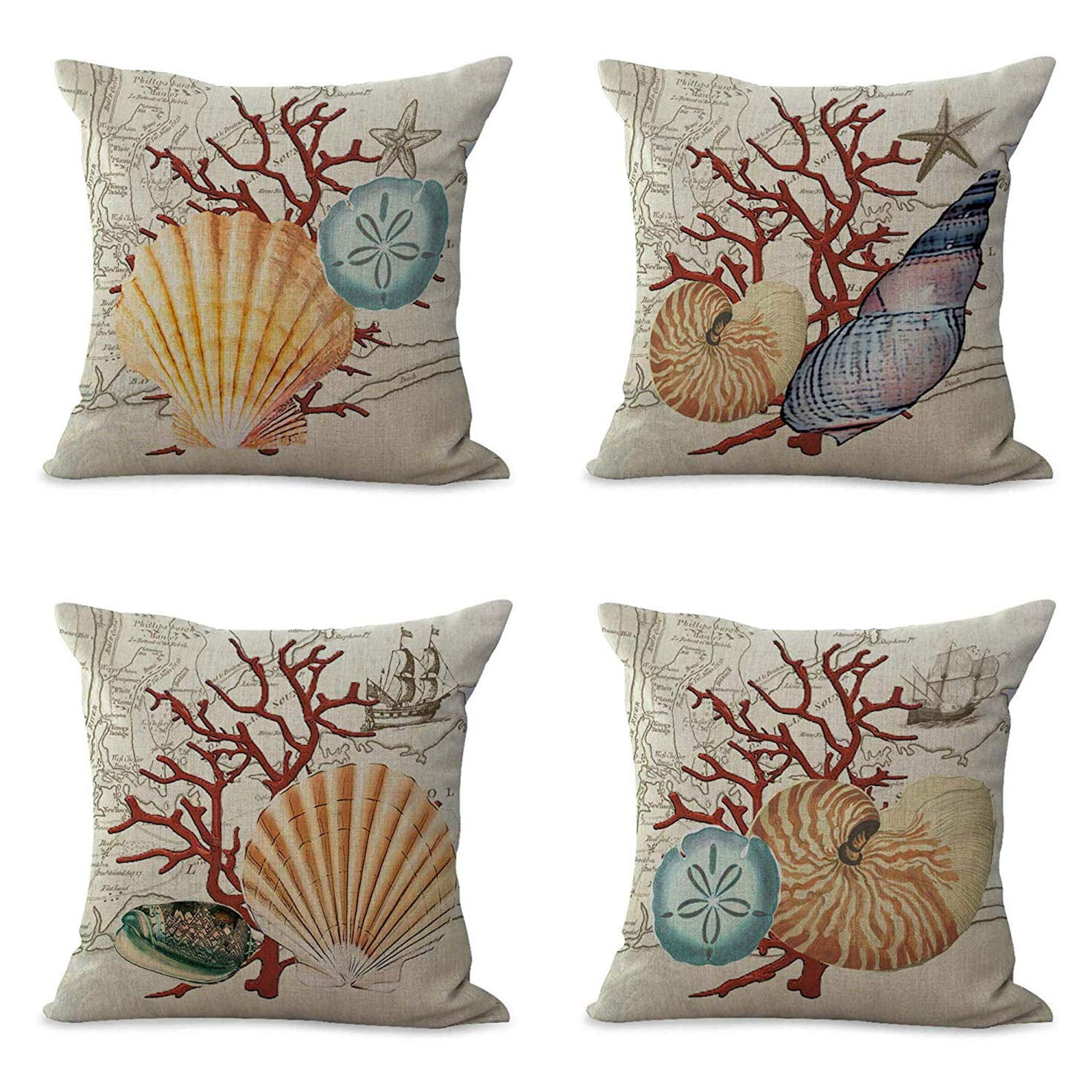 SUFAM Set of 4 Pillow Cases Scallop Seashell Beach Nautical Summer