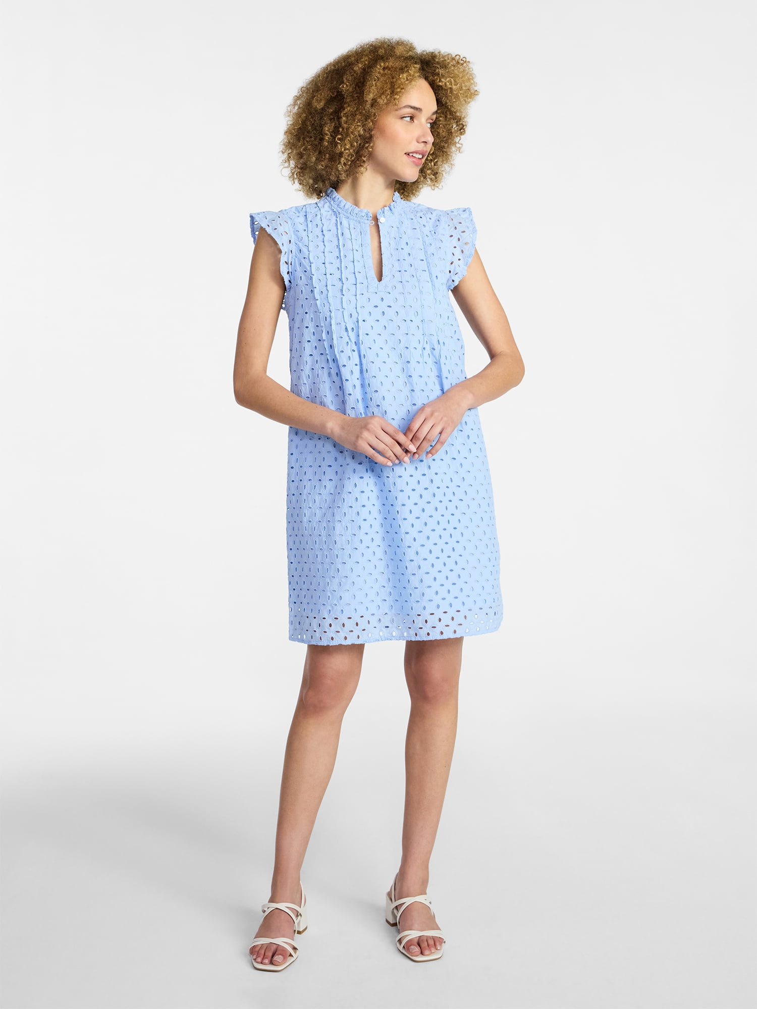 Time and Tru Women's Cotton Eyelet Mini Dress with Flutter Sleeves, Sizes XS-XXXL