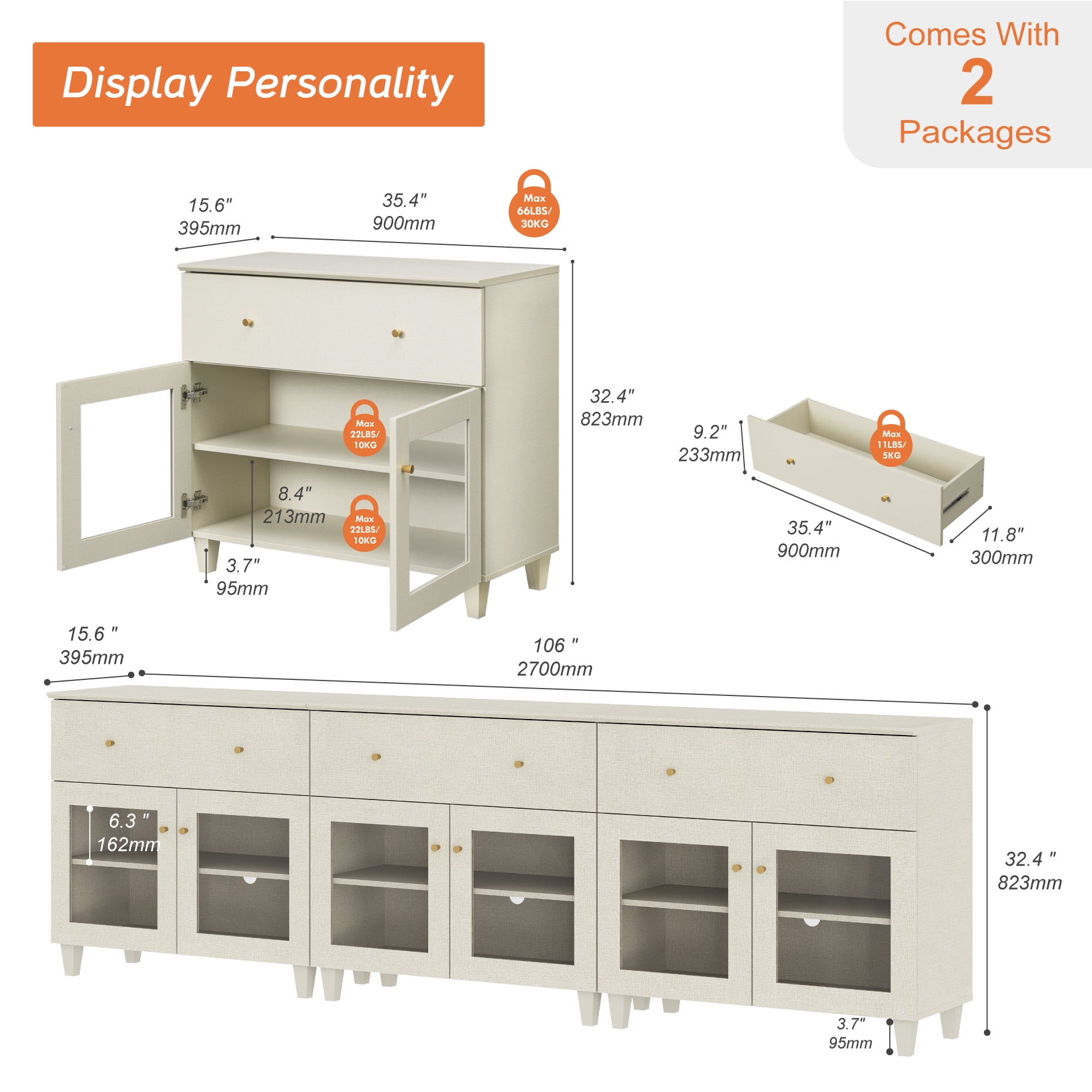Modern Glass‑door Dresser Cabinet, Bedroom Organizer – Wide Drawer, Fixed Shelf, Anti‑Tip, Beige, 106" W