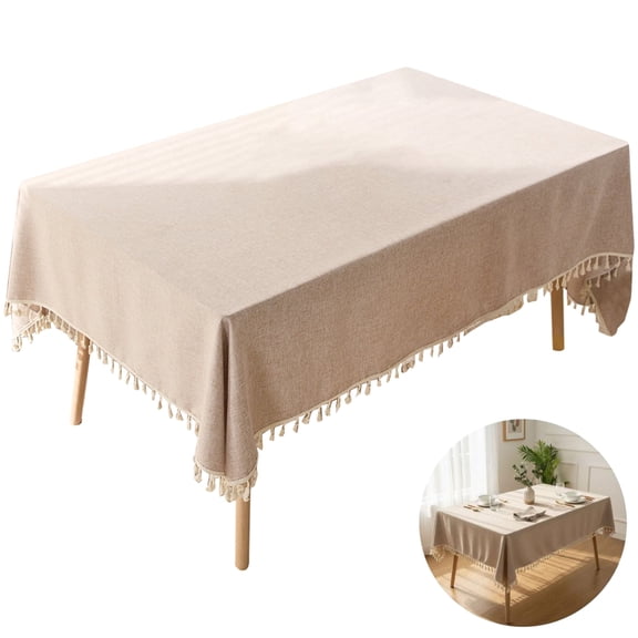 Cotton Linen Tablecloth, Rectangle Tassel Table Cover, Milk Tea Color 55.1 x 70.9 in, Solid Color Wipe-Clean Tablecloth for Dining Table, Home Party Indoor Outdoor Use