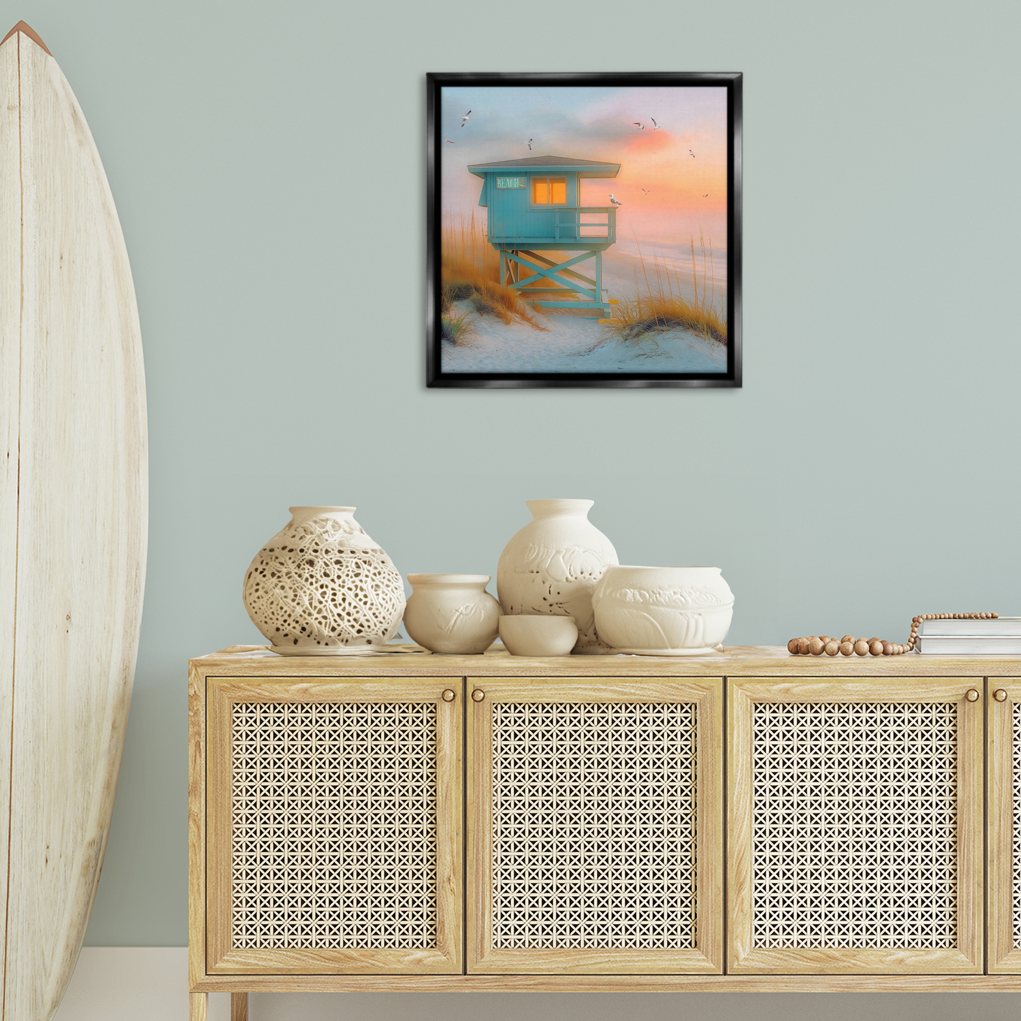 Stupell Industries Coastal Charm Beach Coastal Painting Black Floater Framed Canvas Art Print Wall Art, 25 x 25