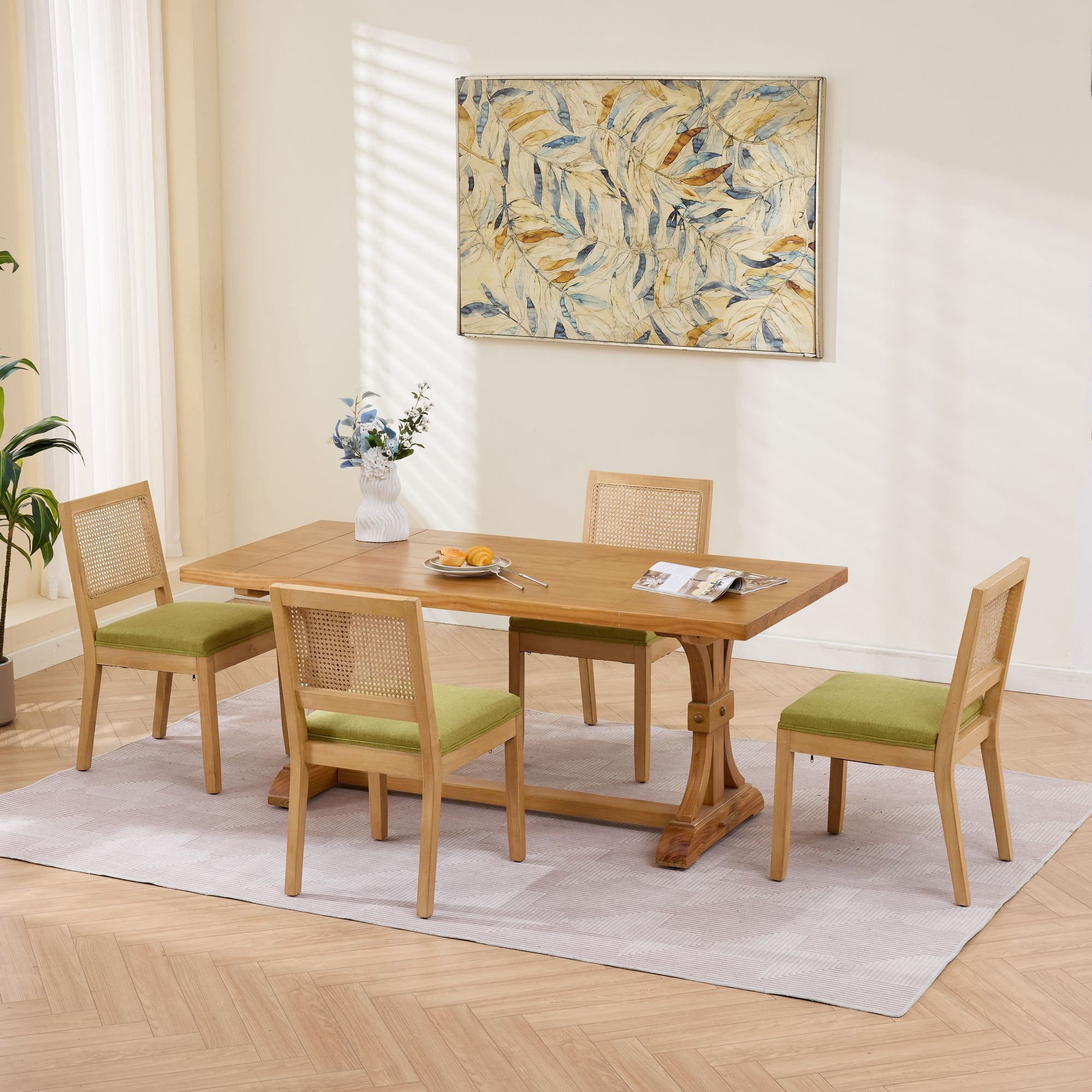 Leumius Rattan Dining Chairs Set of 2, Cane Upholstered Kitchen Side Chair with Natural Hardwood Frame for Kitchen, Dining Room, Living Room Olive Green