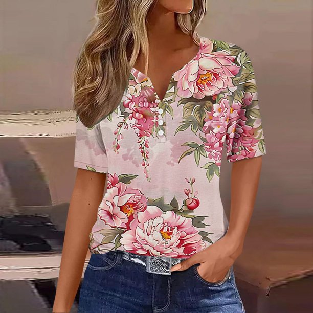 Fiudx Liquidación de Ahorros de Verano Blusa de Manga Corta Estampada a La Moda para Mujer, Blusas Informales con Cuello En V