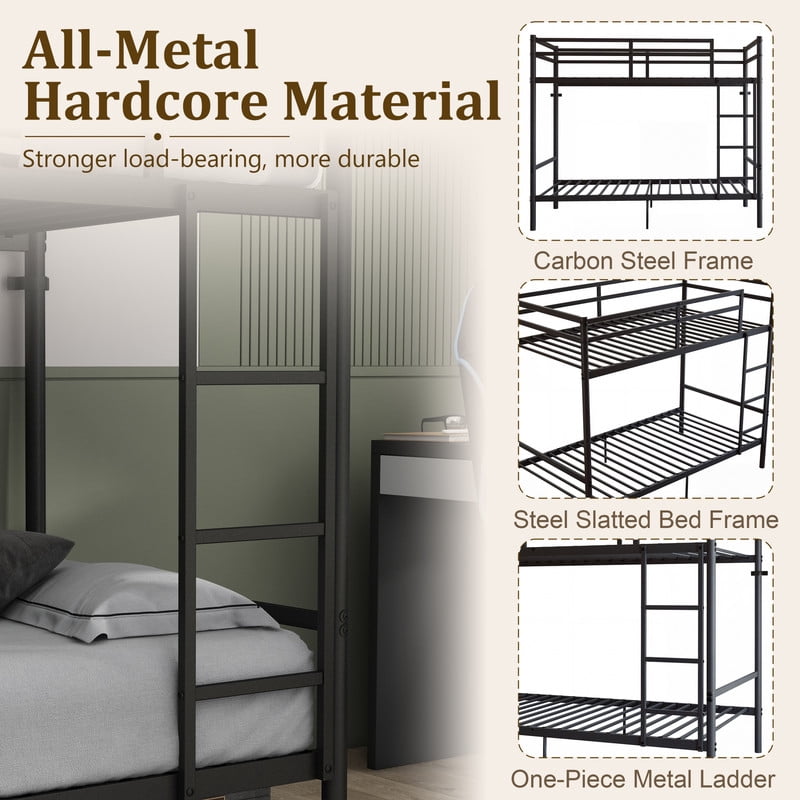 Metal Bunk Bed Twin Over Twin, Heavy-Duty Steel Bunk Bed with 14.29" High Guardrails, 19 Metal Slats per Bunk, 400+ lbs Weight Capacity, Under-Bed Storage, for Kids, Teens & Adults