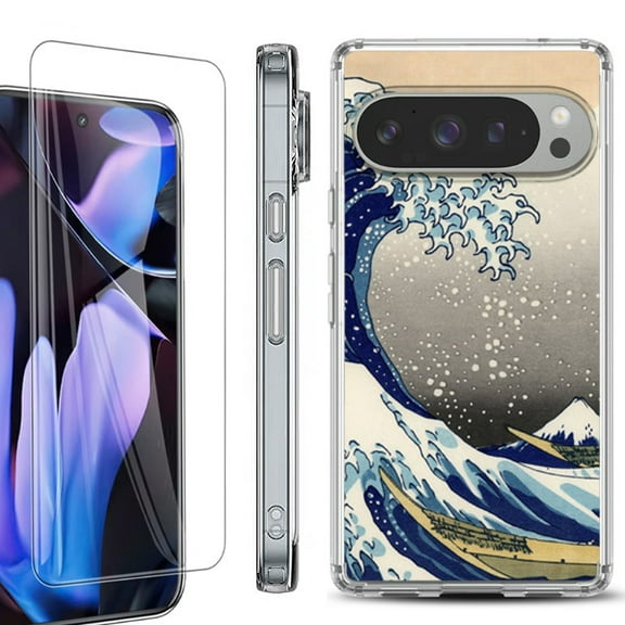 For Google Pixel 9 Pro XL Phone Case Cover, Shockproof Bumper Case with Tempered Glass Screen Protector, by OneToughShield - Great Wave