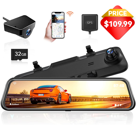 WolfBox Rear View Mirror Dash Cam, 2.5K Front + 1080P Rear Camera, 12'' Screen Mirror Car Dash Cam with Night Vision, Built-in Wi-Fi & GPS, 24H Parking Monitor, Free 32GB Card