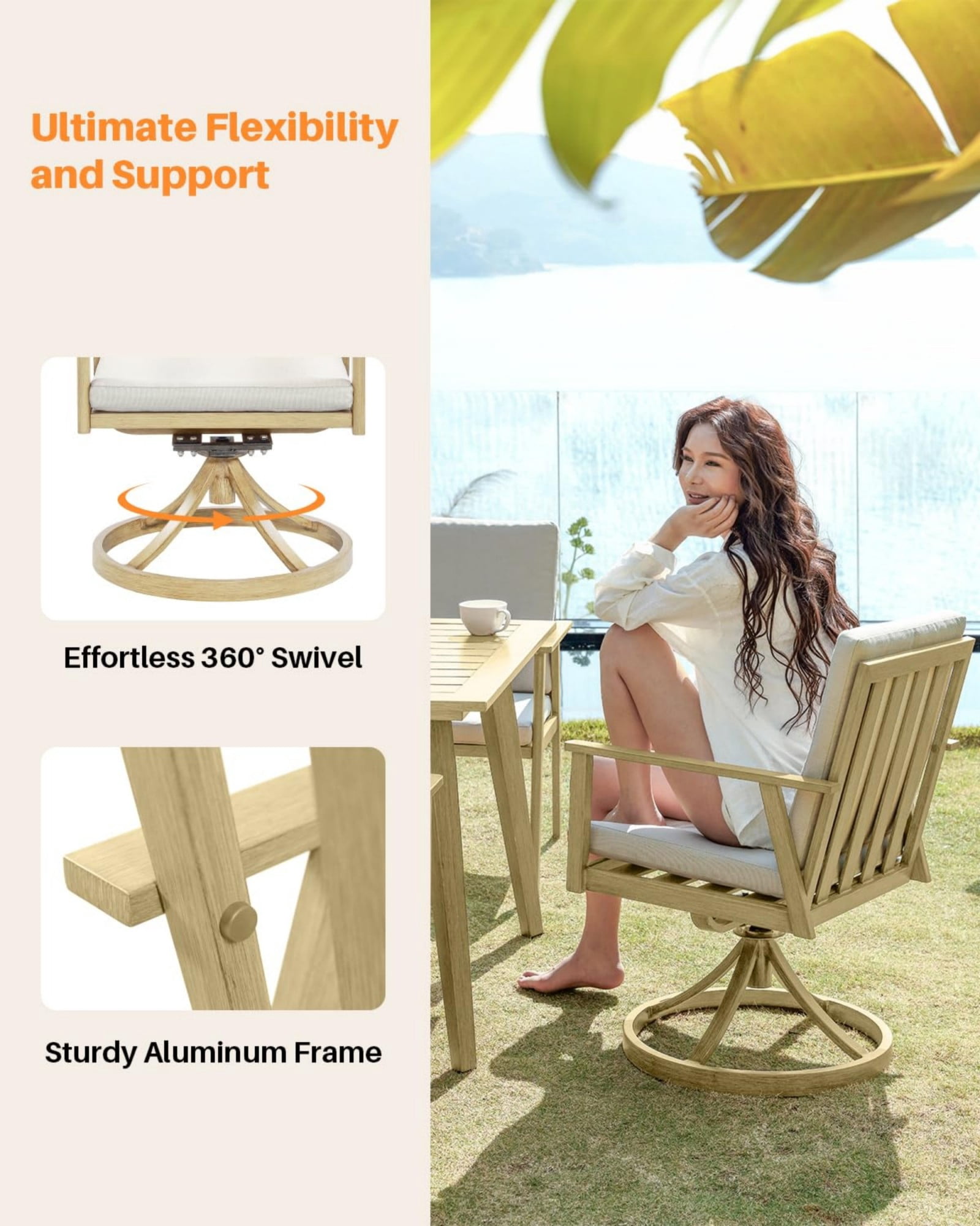 Swivel Outdoor Dining Chairs Set of 2, Aluminum Patio Dining Chairs with 360° Swivel, Thick Cushions, All Weather Rustproof Chairs for Patio, Garden, Balcony, Poolside, Natural