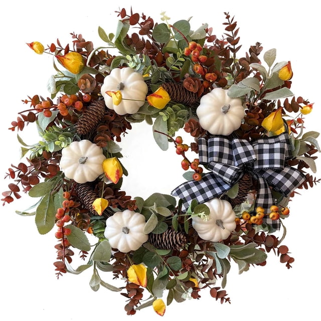 Corona de otoño tipo granja WANNA-CUL, 61 cm, decoración de calabaza blanca