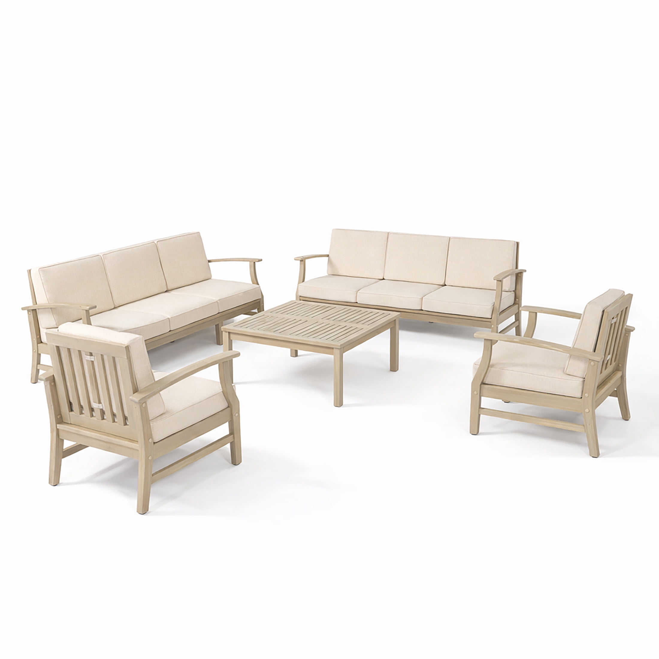 Christopher Knight Home 8-Seater Outdoor Wood Conversation Set with Table, Sand Cushions, Light White Finish