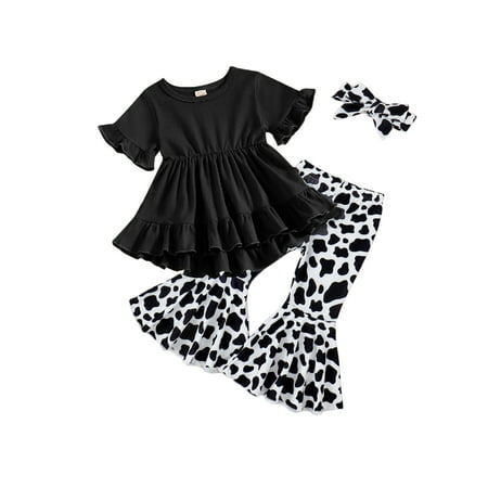 

Canrulo 3Pcs Toddler Baby Girl Outfit Short Sleeve Dress Tops T-Shirt Cow Print Flare Pants Headband Summer Clothes Black 9-12 Months