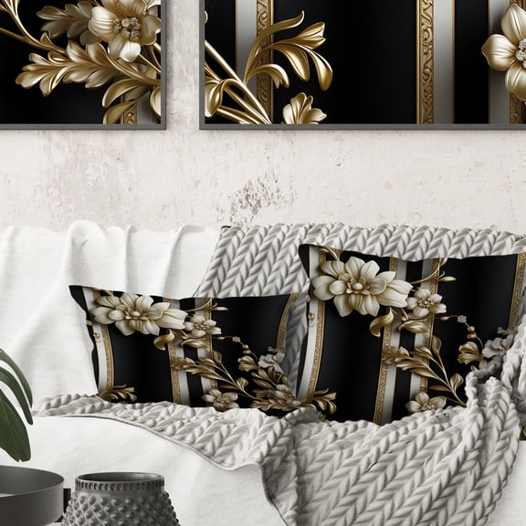 Designart "Elegant Harmony of Striped Gold Regal Florals" Striped Printed Throw Pillow