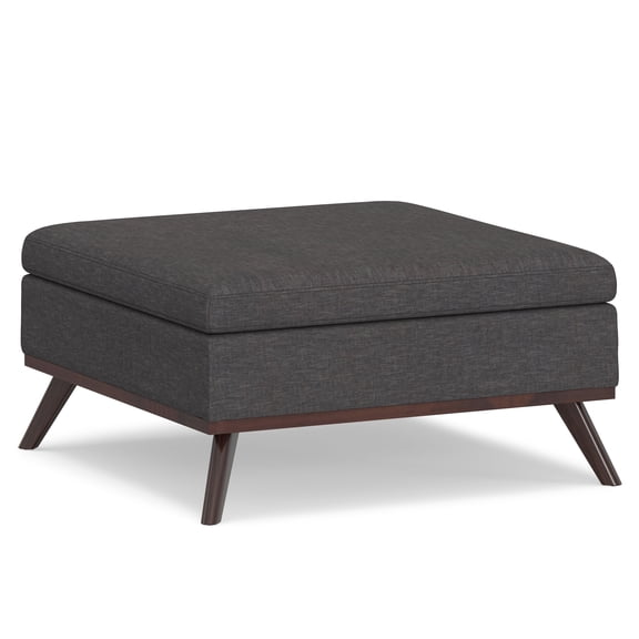Simpli Home Owen 36" W Square Coffee Table Storage Ottoman in Slate Gray Linen Look Fabric