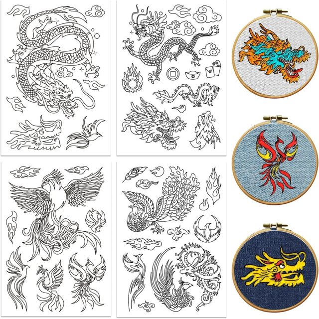JUNWELL 4 Sheets 16Pcs Wedding Dress Water Soluble Hand Sewing Stabilizers for Fabric 11.6x8.2 Inch Embroidery Stitch Practice Embroidery Patterns Transfers for Embroidery Beginners Lover