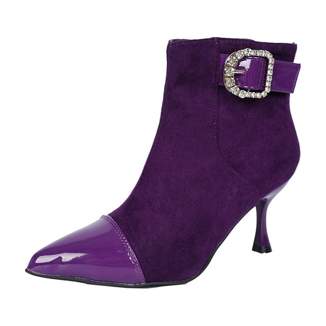 Womens Winter Boots, Fashionable Casual, Pointed Toe, Solid Color, Side Zipper, Mid-Heel Ankle Boots