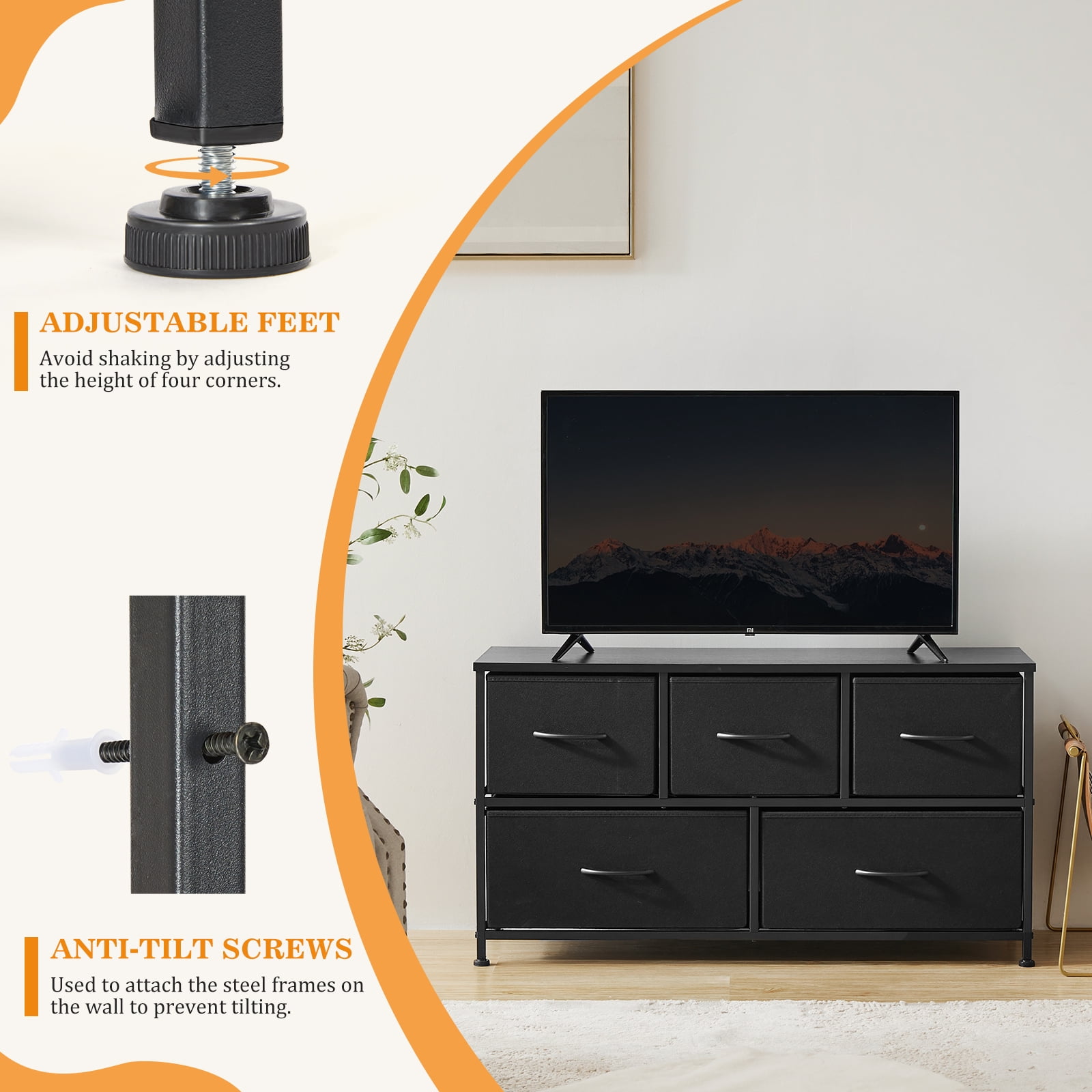 Aukfa 5 Drawer Dresser,Wide Chest of Drawers for Bedroom with Metal Frame for TV,Black