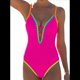 thumbnail image 3 of Traje de Baño de una Pieza para Mujer, con Control de Abdomen, Escote en V Profundo, Neón, Traje de Baño con Lazo en la Espalda, Verano 2025. Rosa Roja XXL, 3 of 8