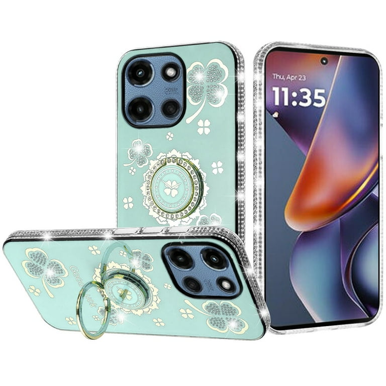 For Motorola Moto G 5G 2025 Diamonds Bling All Around Edges Sparkly Glitter  Hybrid with Ring Stand Holder Fashion Good Luck Cover, XPM Phone Case  [Teal] - Walmart.com