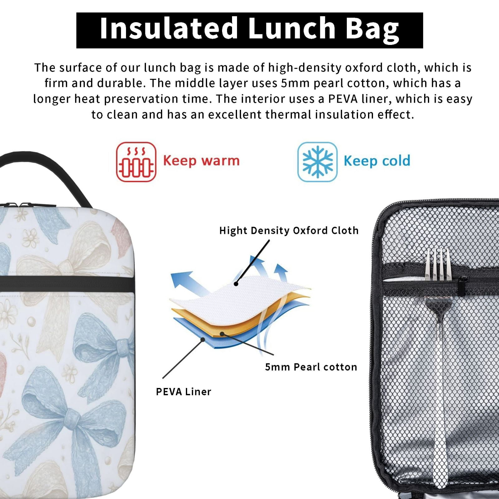 Lunch Bag For Women Men Insulated Portable Lunch Box Bento Box Office Picnic Travel Cooler Bag Romantic Vintage Lace Ribbon Bow Pattern