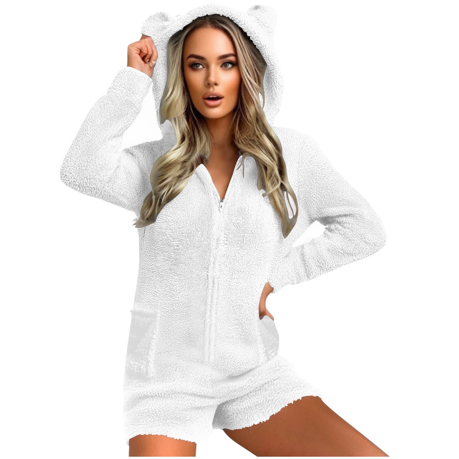 Fuzzy Shorts Jumpsuit for Women Fleece Onesie Pajamas Warm Sherpa Romper Sleepwear One Piece Zip Bear Hooded Playsuit Loungewear