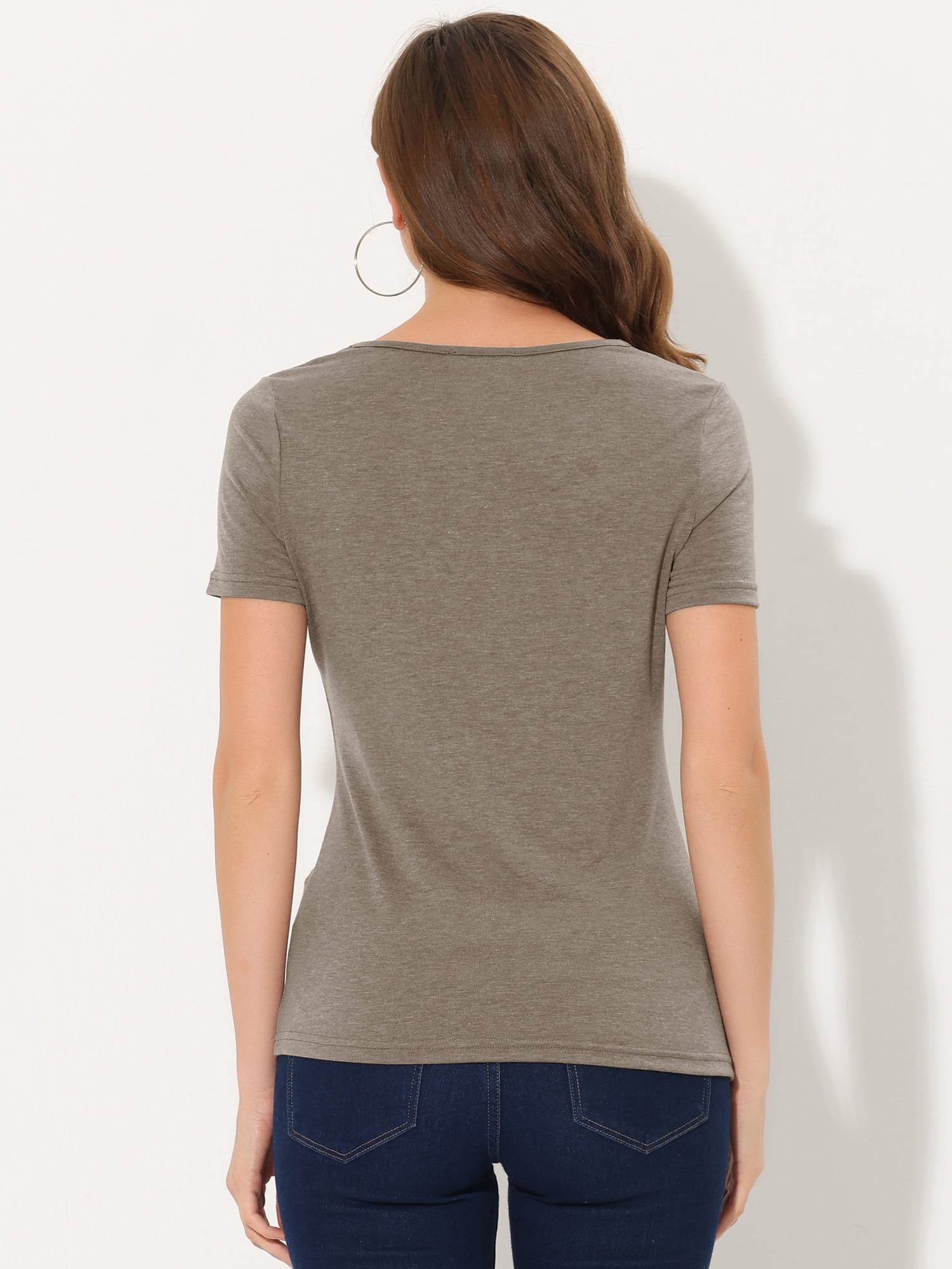 DARING DIVA Women's Cowl Neck Ruched Short Sleeve Tops with Button Decor S Brown