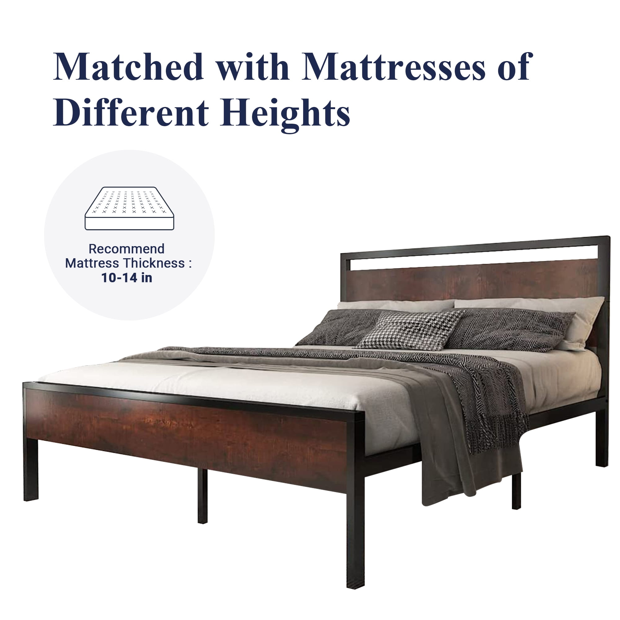 Allewie Queen Size Bed Frame, Heavy Duty Metal Platform Bed with Wooden Industrial Headboard & Footboard, No Box Spring Needed, Mahogany