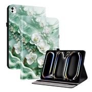 For iPad Pro 13" (M4/M5) 2024/2025 Release Folio Case with Stand/Card Slots/Elastic Band Closure/Pen Loop Holder, Stylish Cute Cartoon PU Leather Protective Lightweight Slim Flip Cover, Magnolia
